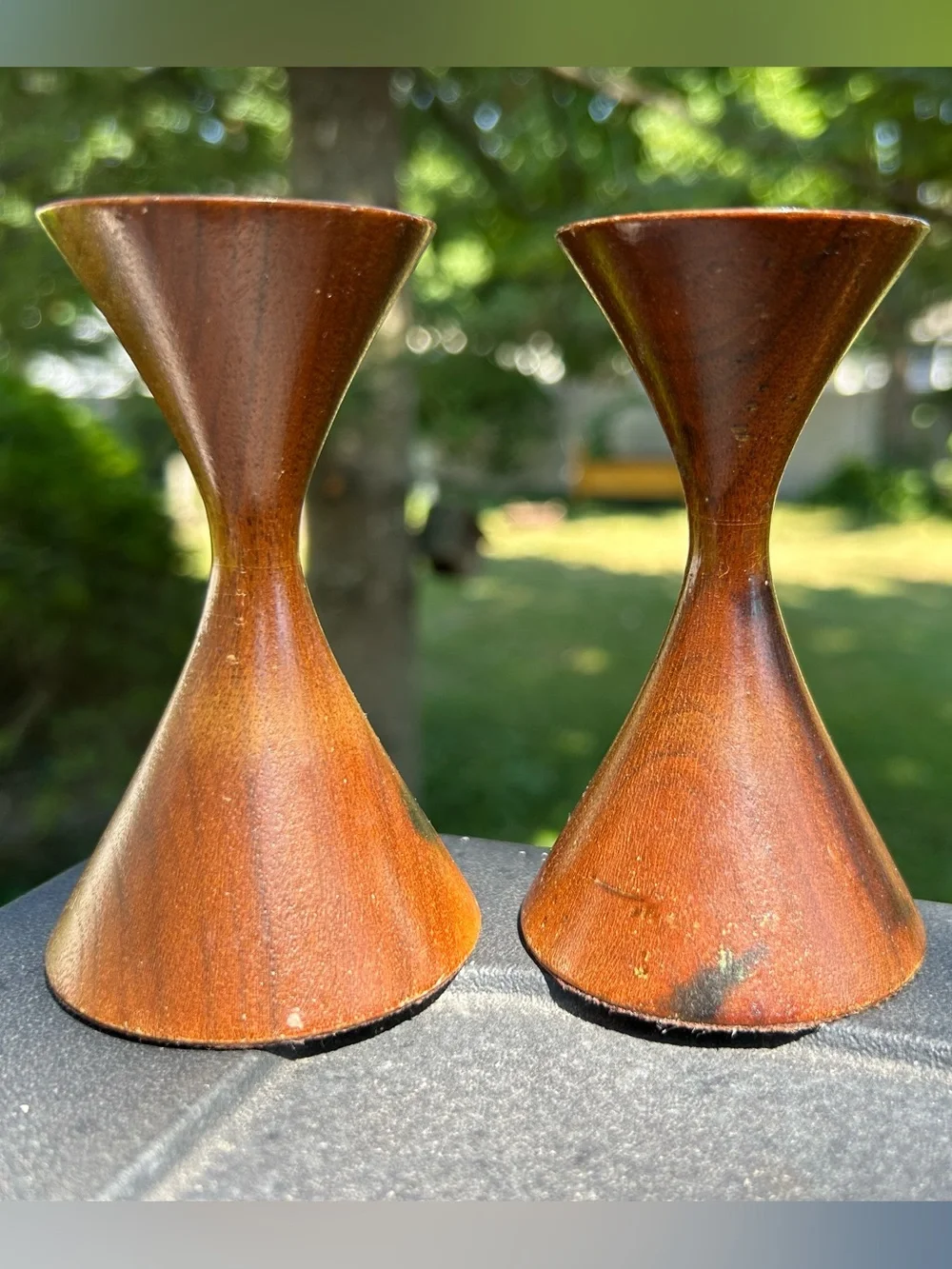 Vintage Candle Holders Mid-Century Modern Brown Wooden Hourglass Lot of Two 4”